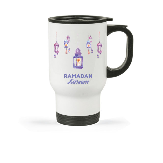 Travel Mug Ramadan Ramadan Islamic muslim gift items for suhur سحور and Iftaar الإفطار with designs of ramzan gifts, mecca, kaaba, madina, holy designs, ramadan mubarak, ramadan gifts