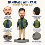 Infographic showcasing a handmade polymer clay figure and its key features: lifelike face, hand-sculpted hair, premium detailing, realistic texture, and finish.