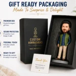Black gift box with a custom bobblehead inside a foam insert; left side lists features: Premium Box, Secure Protection, Personal Touch, Ready to Gift.