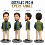 Four views of a male action figure: front, 45° side, side, and back, wearing a green puffer vest, blue shirt, beige pants, on a gray base, with brown shoes.