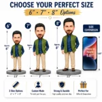 Infographic comparing 6, 7, and 8 inch figurines with scale bases and phone for size reference.