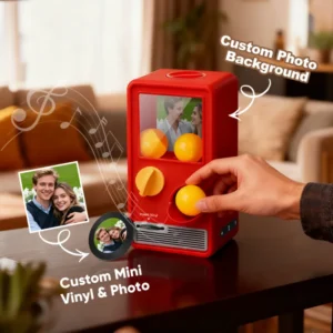 Custom mini vinyl music player with personalized photo display, featuring a hand adjusting yellow knobs, with text highlighting custom photo background and vinyl insert options