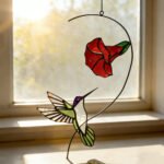 Stained glass hummingbird and red flower hanging decor, softly lit by sunlight through a window, showcasing vibrant colors and intricate details