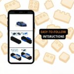 Smartphone screen displaying step-by-step Lego car build instructions with blue model on top panel and numbered steps below, background with Lego bricks.