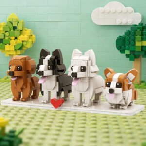 Set of four cute dog figures made from building blocks, displayed on a base in a colorful outdoor scene with trees and a cloud in the background