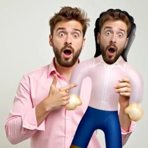 A man holding a customized blow-up doll with his own face, both showing a surprised expression while posing together