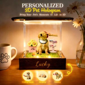 Personalized 3D pet hologram display featuring a dog inside a lit glass box with the name Lucky engraved on the base, showing different pose options like shaking hands, sleeping, and feeding