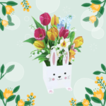 Illustration of a colorful spring flower bouquet arranged in a cute white bunny-shaped pot, surrounded by floral elements on a pastel background