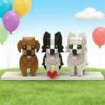 Custom dog models made from building blocks, featuring a brown, black-and-white, and white dog, each with a playful expression. The dogs are arranged on a platform with a red heart and colorful balloons in the background