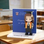 Custom brick figure of a female graduate in cap and gown holding a diploma, displayed on a base with “Class of 2026” and a congratulatory graduation backdrop in a classroom setting