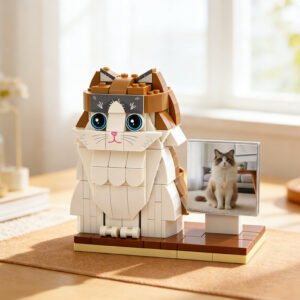 Custom brick-built cat figure resembling a fluffy white and brown cat with blue eyes, displayed with a reference photo on a stand, placed on a wooden table indoors