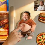 Funny personalized fridge magnet of a chubby cartoon body with a real man's face, with a hand pressing its belly, placed on a refrigerator door with food illustrations and a reference photo in the corner