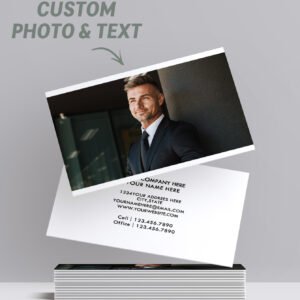 Custom business cards with photo and text, featuring a professional portrait on one side and contact details on the other, displayed in a stacked arrangement