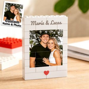 Personalized brick-style photo frame with a couple’s picture and names Maria and Lucas printed on top, featuring a custom name and photo design