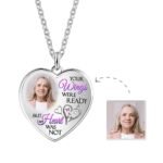 Personalized heart-shaped photo necklace with engraved memorial message and custom portrait, displayed with the original photo used for customization