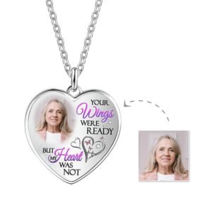 Personalized heart-shaped photo necklace with engraved memorial message and custom portrait, displayed with the original photo used for customization