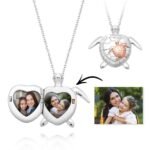 Personalized turtle locket necklace with heart-shaped photo inserts, featuring a mother and child image inside and a silver chain