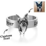 Personalized dog face ring with engraved custom text, featuring a Chihuahua portrait design inspired by a photo, on a silver band
