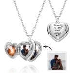 Personalized heart locket necklace with engraved message “I love you to the moon and back,” featuring photo inserts inside the pendant and a silver chain
