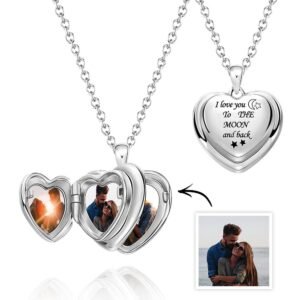 Personalized heart locket necklace with engraved message “I love you to the moon and back,” featuring photo inserts inside the pendant and a silver chain
