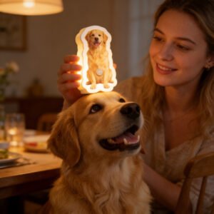 A woman holding a glowing lamp shaped like a dog, placed on the head of a golden retriever sitting happily. The lamp illuminates with the dog’s image and the woman is smiling as she interacts with the dog