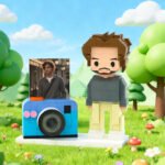 Custom brick figure of a man with a beard, displayed beside a camera-themed photo holder with a personalized image, set in a colorful outdoor landscape background