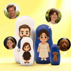 Personalized family nesting dolls featuring cartoon-style illustrations of parents, child, and pet, with reference photos of each person and dog shown around the set