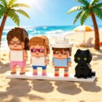 Custom brick figures of a woman and two children with a black cat, wearing sunglasses and summer outfits, displayed on a sunny beach with palm trees and ocean in the background