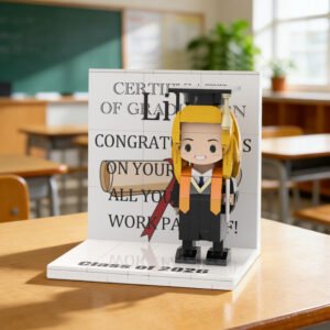 Custom brick figure of a female graduate in cap and gown holding a diploma, displayed on a “Class of 2026” base with a certificate-style graduation backdrop in a classroom setting