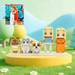Custom brick figures set of two women with three pets, created from a reference photo, displayed on a platform in a colorful outdoor scene