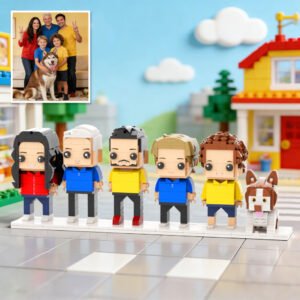 Custom brick figures of a family with a dog, inspired by a reference photo, featuring five people and one pet displayed in a colorful house setting