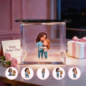 A personalized Mother’s Day gift featuring a custom 3D figurine of a mother and daughter in a glass display box, with a 'Happy Mother’s Day' card and a pink gift box beside it. Various poses of the figurine are displayed below the main image