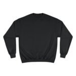 Front view of a black crewneck sweatshirt with long sleeves and ribbed cuffs and hem.